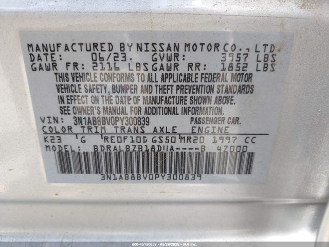 3N1AB8BV0PY300839 Nissan Sentra S Xtronic Cvt