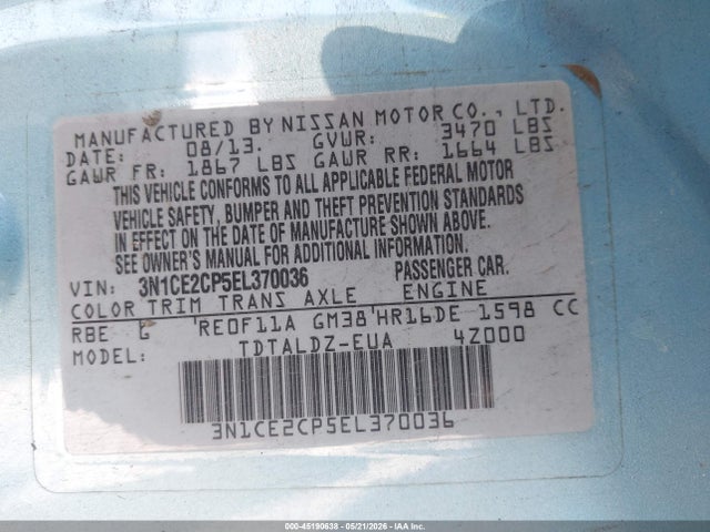 45190638 :رقم المزاد ، 3N1CE2CP5EL370036 vin ، 2014 Nissan Versa Note Sv مزاد بيع