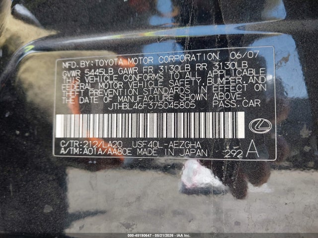 Aukcja sprzedaży 2007 Lexus Ls 460, vin: JTHBL46F375045805, numer aukcji: 45190647