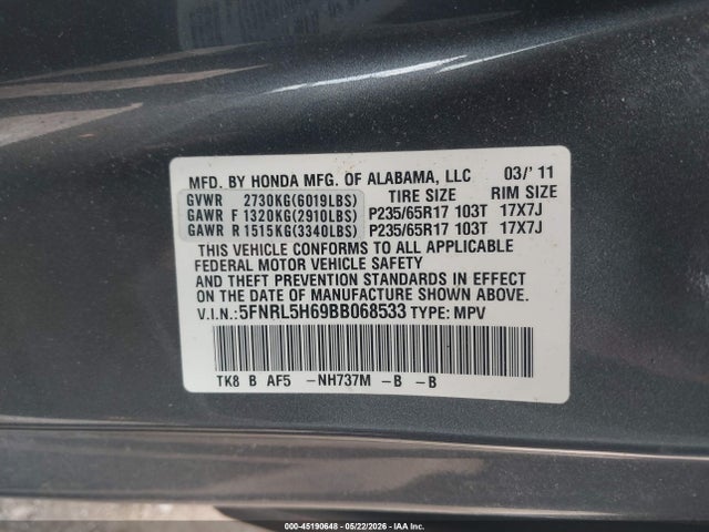 Aukcja sprzedaży 2011 Honda Odyssey Ex-l, vin: 5FNRL5H69BB068533, numer aukcji: 45190648