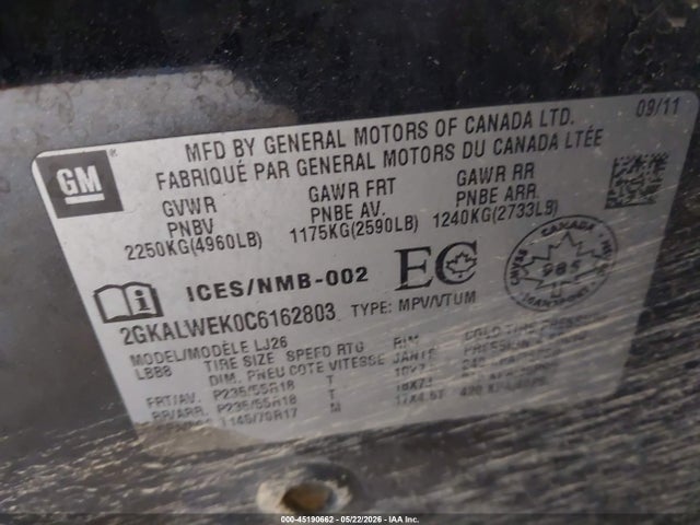 Aukcja sprzedaży 2012 Gmc Terrain Slt-2, vin: 2GKALWEK0C6162803, numer aukcji: 45190662