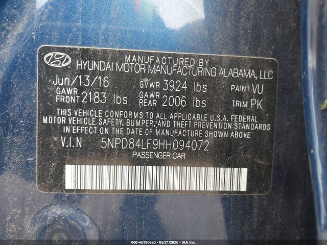 2017 Hyundai Elantra Se მანქანა იყიდება აუქციონზე, vin: 5NPD84LF9HH094072, აუქციონის ნომერი: 45190663