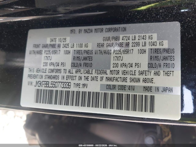Aukcja sprzedaży 2025 Mazda Cx-5 2.5 S Select, vin: JM3KFBBL5S0773339, numer aukcji: 45190669