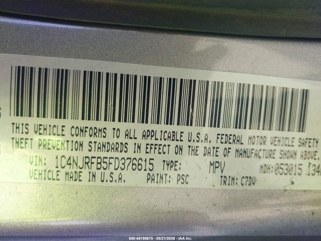 2015 Jeep Patriot Latitude მანქანა იყიდება აუქციონზე, vin: 1C4NJRFB5FD376615, აუქციონის ნომერი: 45190670