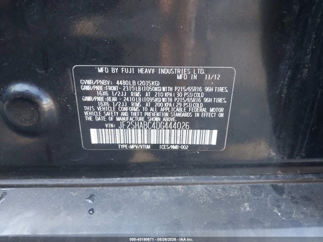 45190671 :رقم المزاد ، JF2SHABC4DG444026 vin ، 2013 Subaru Forester 2.5x مزاد بيع
