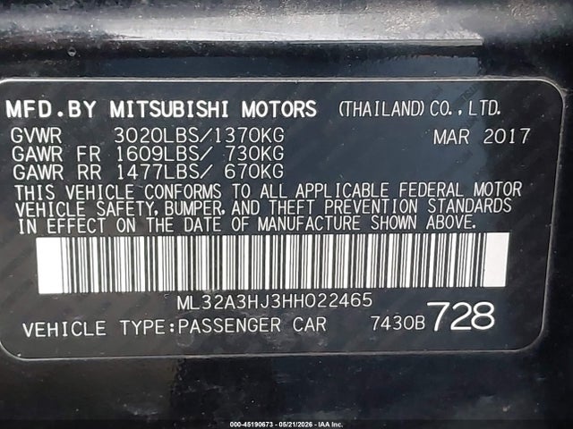 Aukcja sprzedaży 2017 Mitsubishi Mirage Es, vin: ML32A3HJ3HH022465, numer aukcji: 45190673