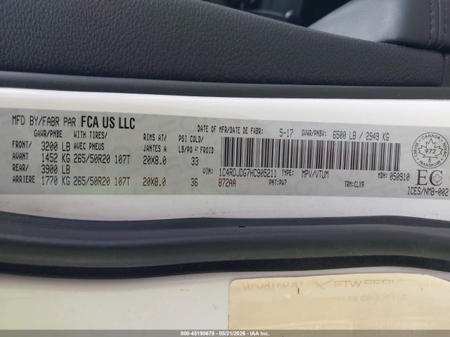 45190678 :رقم المزاد ، 1C4RDJDG7HC905211 vin ، 2017 Dodge Durango Gt مزاد بيع