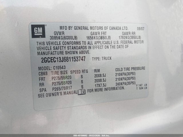 Aukcja sprzedaży 2008 Chevrolet Silverado 1500 Lt1, vin: 2GCEC13J681153747, numer aukcji: 45190692