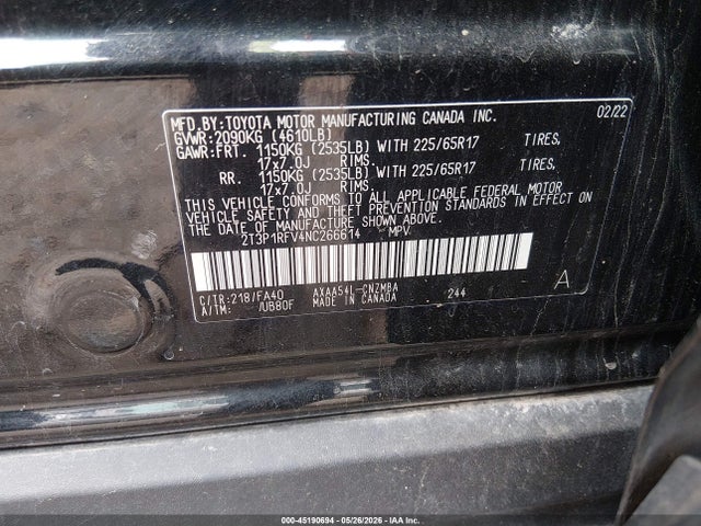 Aukcja sprzedaży 2022 Toyota Rav4 Xle, vin: 2T3P1RFV4NC266614, numer aukcji: 45190694