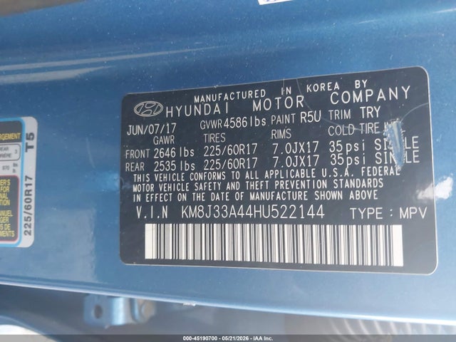 45190700 :رقم المزاد ، KM8J33A44HU522144 vin ، 2017 Hyundai Tucson Se مزاد بيع