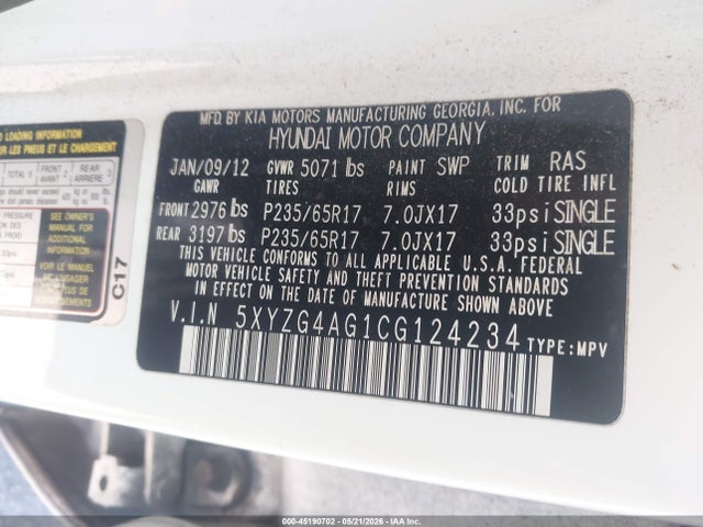 45190702 :رقم المزاد ، 5XYZG4AG1CG124234 vin ، 2012 Hyundai Santa Fe Gls V6 مزاد بيع