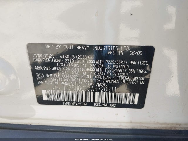 Aukcja sprzedaży 2010 Subaru Forester 2.5x Premium, vin: JF2SH6CC2AH720611, numer aukcji: 45190703