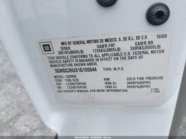 Продаж на аукціоні авто 2001 Chevrolet Suburban 2500 Ls, vin: 3GNGC26U31G150944, номер лоту: 45190704