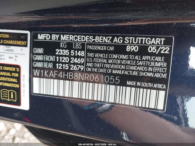 45190706 :رقم المزاد ، W1KAF4HB8NR061055 vin ، 2022 Mercedes-benz C 300 4matic مزاد بيع