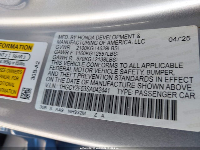 Продажа на аукционе авто 2025 Honda Accord Hybrid Sport, vin: 1HGCY2F53SA042441, номер лота: 45190709