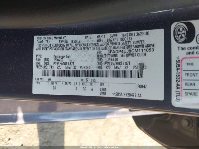 Aukcja sprzedaży 2012 Ford Fiesta Se, vin: 3FADP4EJ8CM111053, numer aukcji: 45190712