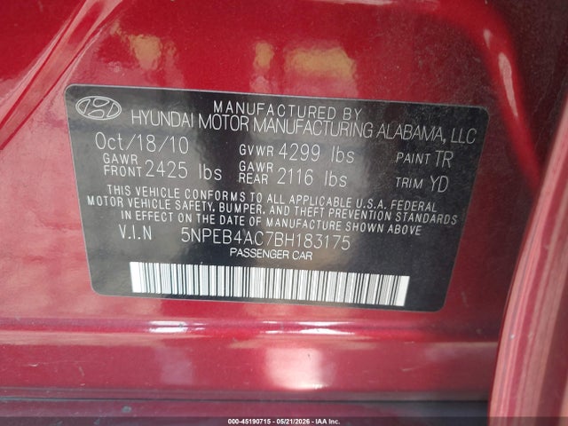 45190715 :رقم المزاد ، 5NPEB4AC7BH183175 vin ، 2011 Hyundai Sonata Gls مزاد بيع
