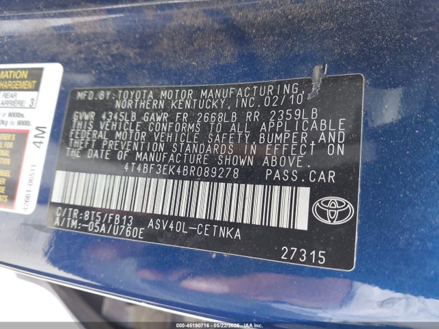 2011 Toyota Camry Le მანქანა იყიდება აუქციონზე, vin: 4T4BF3EK4BR089278, აუქციონის ნომერი: 45190716