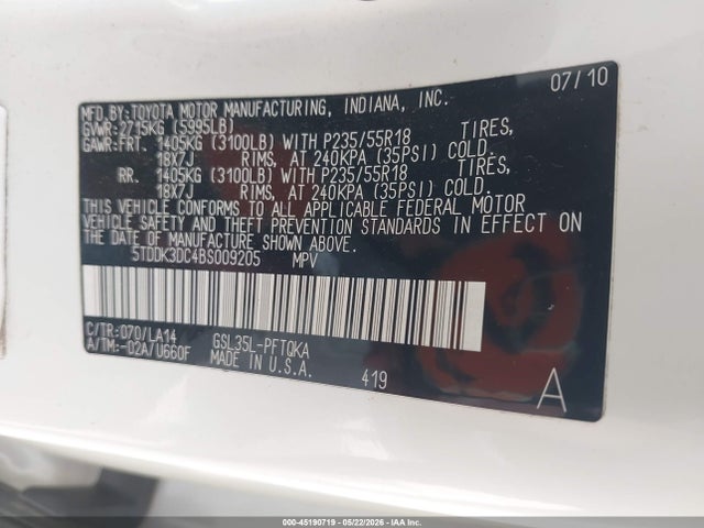 45190719 :رقم المزاد ، 5TDDK3DC4BS009205 vin ، 2011 Toyota Sienna Limited مزاد بيع