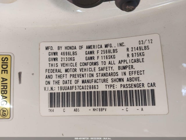 Aukcja sprzedaży 2012 Acura Tl 3.5, vin: 19UUA8F57CA028863, numer aukcji: 45190720
