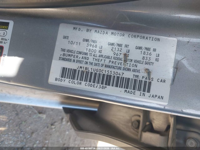 Aukcja sprzedaży 2012 Mazda Mazda3 I Sport, vin: JM1BL1UG0C1553047, numer aukcji: 45190726