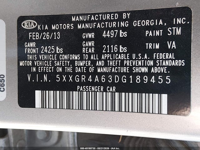 Продаж на аукціоні авто 2013 Kia Optima Sx, vin: 5XXGR4A63DG189455, номер лоту: 45190730