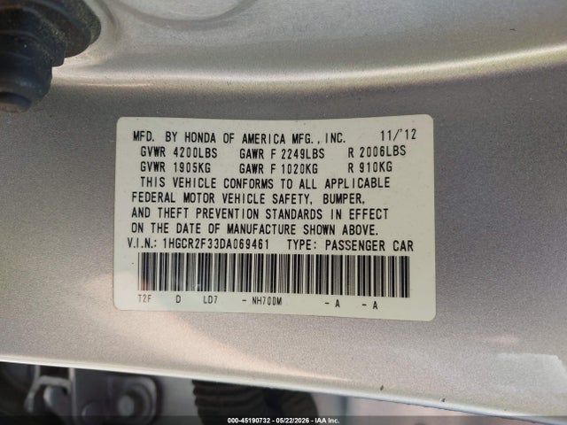 Aukcja sprzedaży 2013 Honda Accord Lx, vin: 1HGCR2F33DA069461, numer aukcji: 45190732