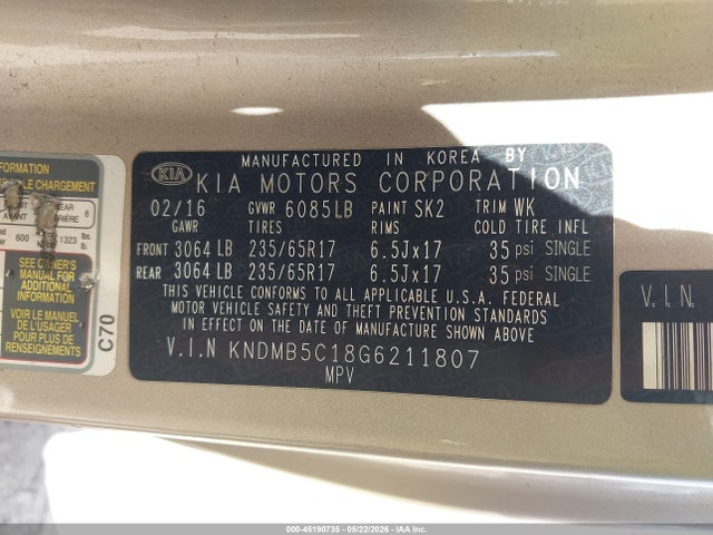 KNDMB5C18G6211807 KIA SEDONA LX