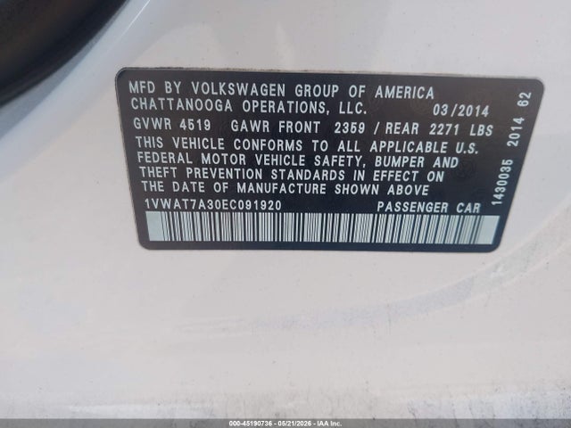 Продаж на аукціоні авто 2014 Volkswagen Passat 1.8t Wolfsburg Edition, vin: 1VWAT7A30EC091920, номер лоту: 45190736