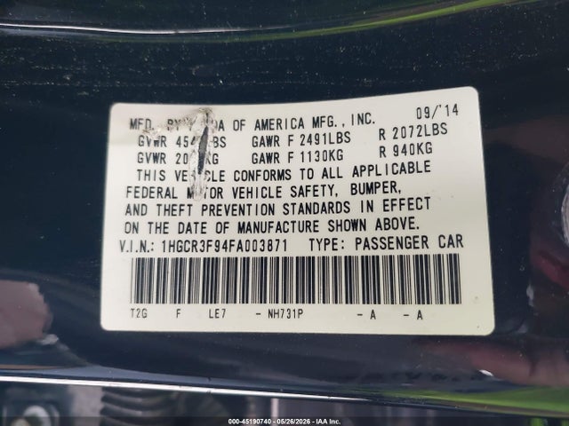 2015 Honda Accord Touring მანქანა იყიდება აუქციონზე, vin: 1HGCR3F94FA003871, აუქციონის ნომერი: 45190740