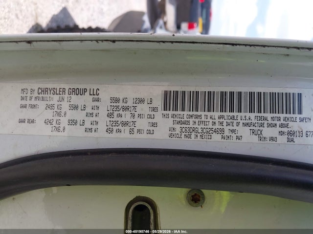 2012 Ram 3500 St მანქანა იყიდება აუქციონზე, vin: 3C63DRGL3CG254699, აუქციონის ნომერი: 45190746