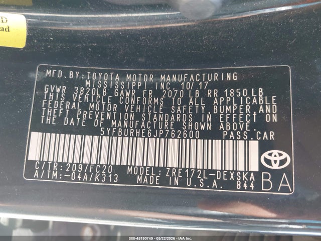 Продажа на аукционе авто 2018 Toyota Corolla Se, vin: 5YFBURHE6JP762600, номер лота: 45190749