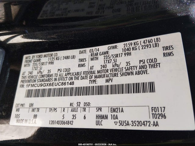 2014 Ford Escape Se მანქანა იყიდება აუქციონზე, vin: 1FMCU9GX6EUC86148, აუქციონის ნომერი: 45190751