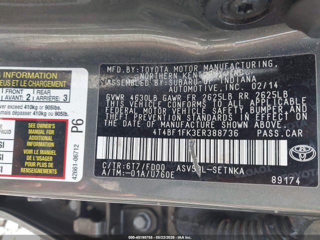 2014 Toyota Camry Le მანქანა იყიდება აუქციონზე, vin: 4T4BF1FK3ER388736, აუქციონის ნომერი: 45190755