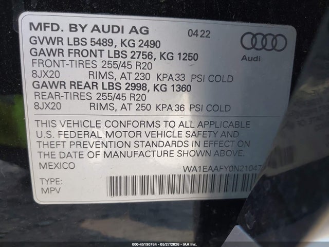 45190764 :رقم المزاد ، WA1EAAFY0N2104791 vin ، 2022 Audi Q5 Premium Plus 45 Tfsi S Line Quattro S Tronic مزاد بيع