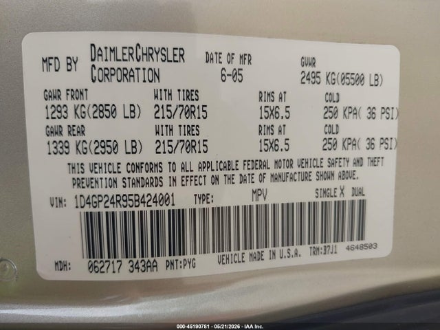45190781 :رقم المزاد ، 1D4GP24R95B424001 vin ، 2005 Dodge Grand Caravan Se مزاد بيع