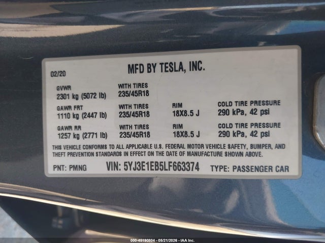 Aukcja sprzedaży 2020 Tesla Model 3 Long Range Dual Motor All-wheel Drive, vin: 5YJ3E1EB5LF663374, numer aukcji: 45190804