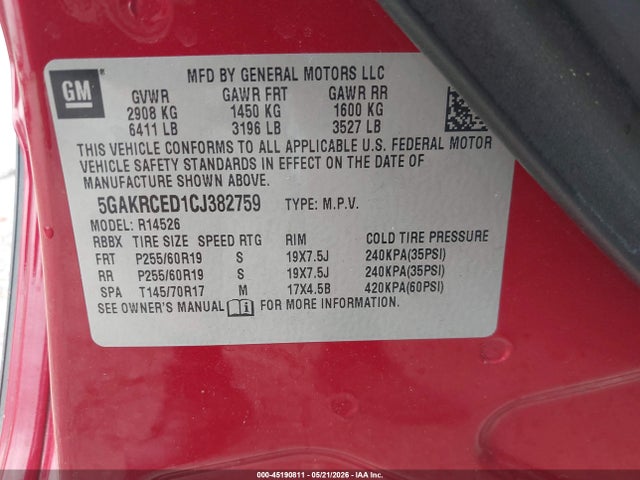 Aukcja sprzedaży 2012 Buick Enclave Leather, vin: 5GAKRCED1CJ382759, numer aukcji: 45190811
