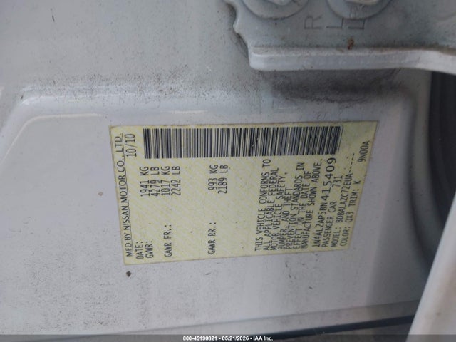 45190821 :رقم المزاد ، 1N4AL2AP5BN415409 vin ، 2011 Nissan Altima 2.5 مزاد بيع