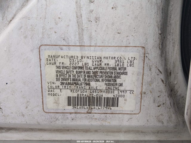 Aukcja sprzedaży 2010 Nissan Sentra 2.0s, vin: 3N1AB6AP6AL677946, numer aukcji: 45190826