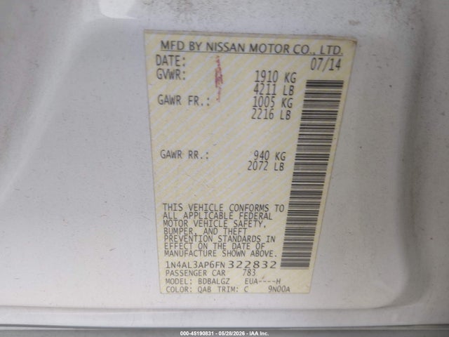 2015 Nissan Altima 2.5 S მანქანა იყიდება აუქციონზე, vin: 1N4AL3AP6FN322832, აუქციონის ნომერი: 45190831