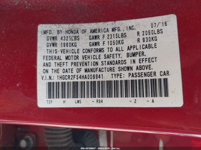 Продажа на аукционе авто 2017 Honda Accord Sport, vin: 1HGCR2F54HA009941, номер лота: 45190847