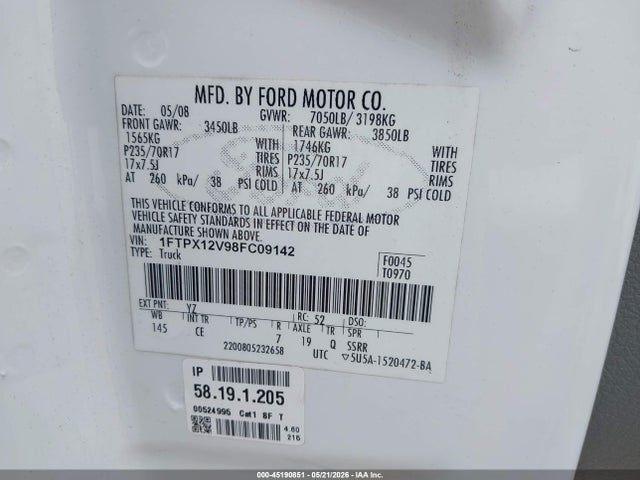 Продажа на аукционе авто 2008 Ford F-150 Fx2/lariat/xl/xlt, vin: 1FTPX12V98FC09142, номер лота: 45190851