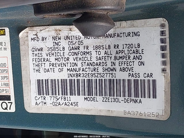 45190852 :رقم المزاد ، 1NXBR32E95Z527751 vin ، 2005 Toyota Corolla Le مزاد بيع