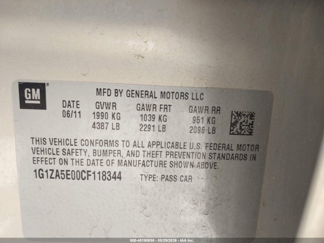 Aukcja sprzedaży 2012 Chevrolet Malibu Ls, vin: 1G1ZA5E00CF118344, numer aukcji: 45190858