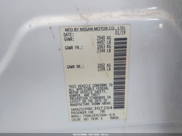 2019 Nissan Leaf Sl მანქანა იყიდება აუქციონზე, vin: 1N4AZ1CP4KC307204, აუქციონის ნომერი: 45190866