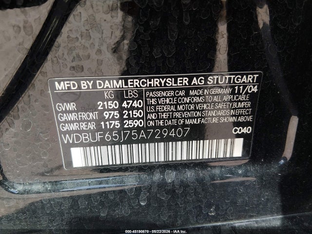 45190870 :رقم المزاد ، WDBUF65J75A729407 vin ، 2005 Mercedes-benz E 320 مزاد بيع