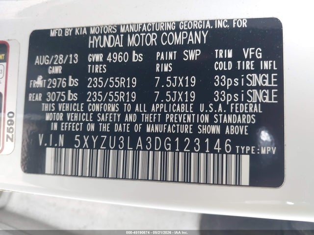 45190874 :رقم المزاد ، 5XYZU3LA3DG123146 vin ، 2013 Hyundai Santa Fe Sport 2.0t مزاد بيع