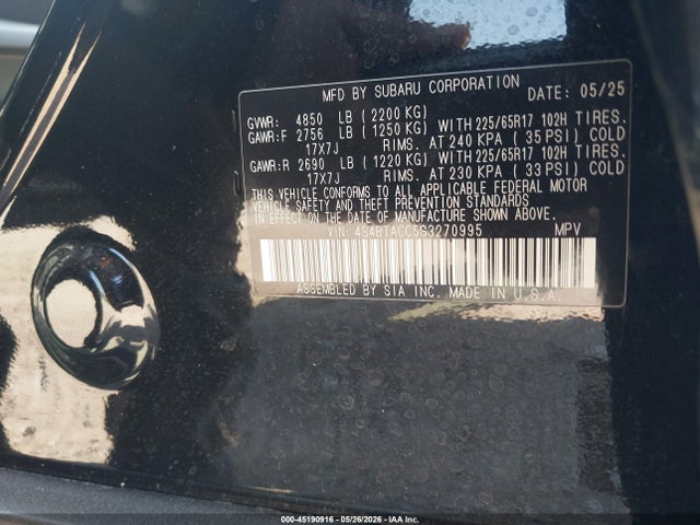 Aukcja sprzedaży 2025 Subaru Outback Premium, vin: 4S4BTACC5S3270995, numer aukcji: 45190916