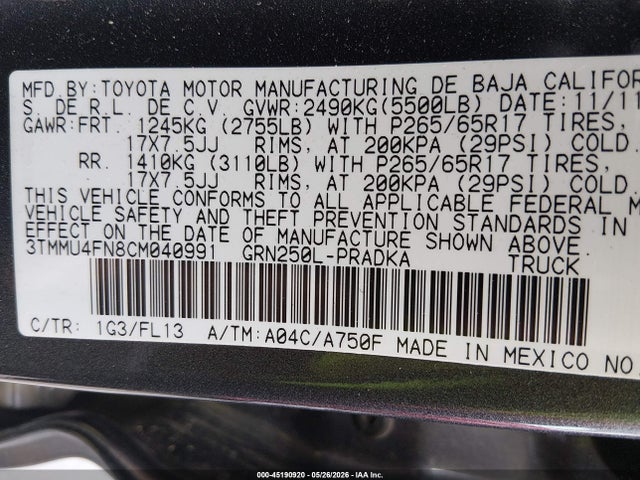 Aukcja sprzedaży 2012 Toyota Tacoma Base V6, vin: 3TMMU4FN8CM040991, numer aukcji: 45190920